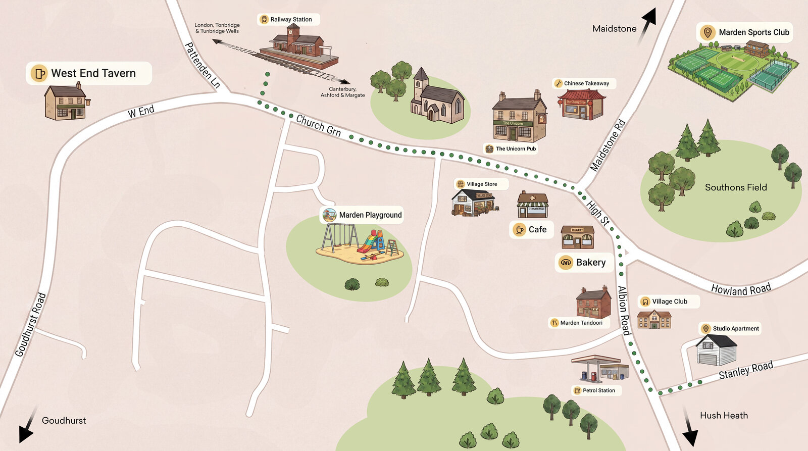 Illustrated village map of Marden showing the walking route from the railway station along Church Green and the High Street to the Studio Apartment, passing The Unicorn pub, the cafe, bakery, village store, Marden Tandoori, the playground and the petrol station.