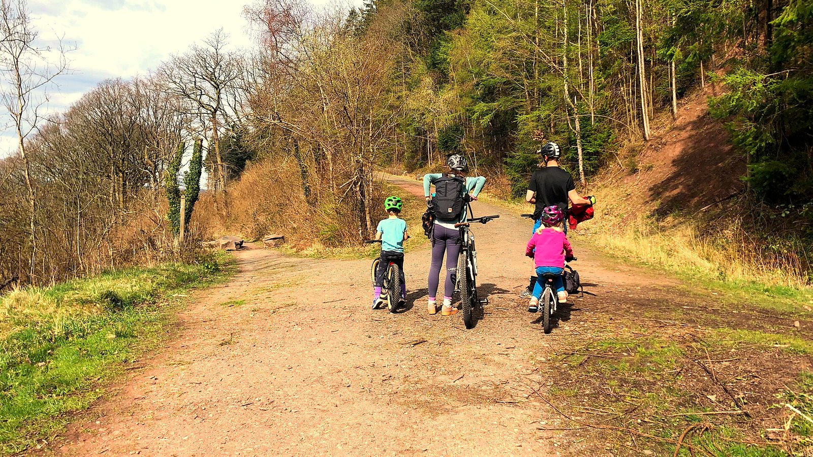 A family cycling wooded forest trails on a day out